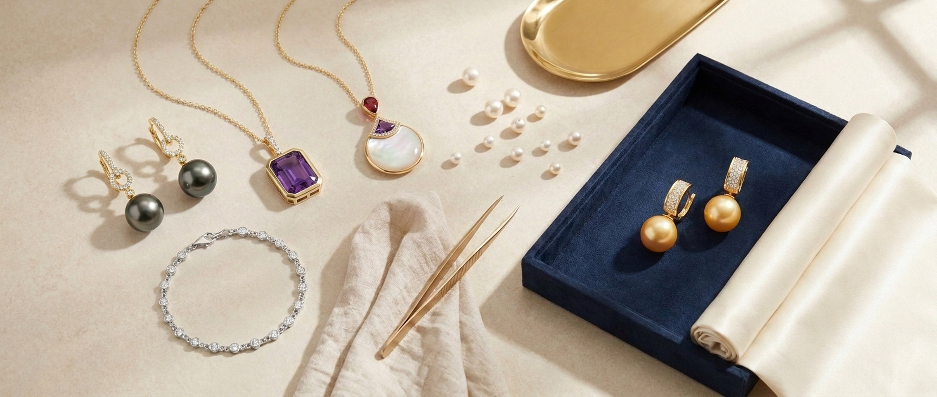 Some of our newest pieces laid out on a stone table with a navy velvet tray