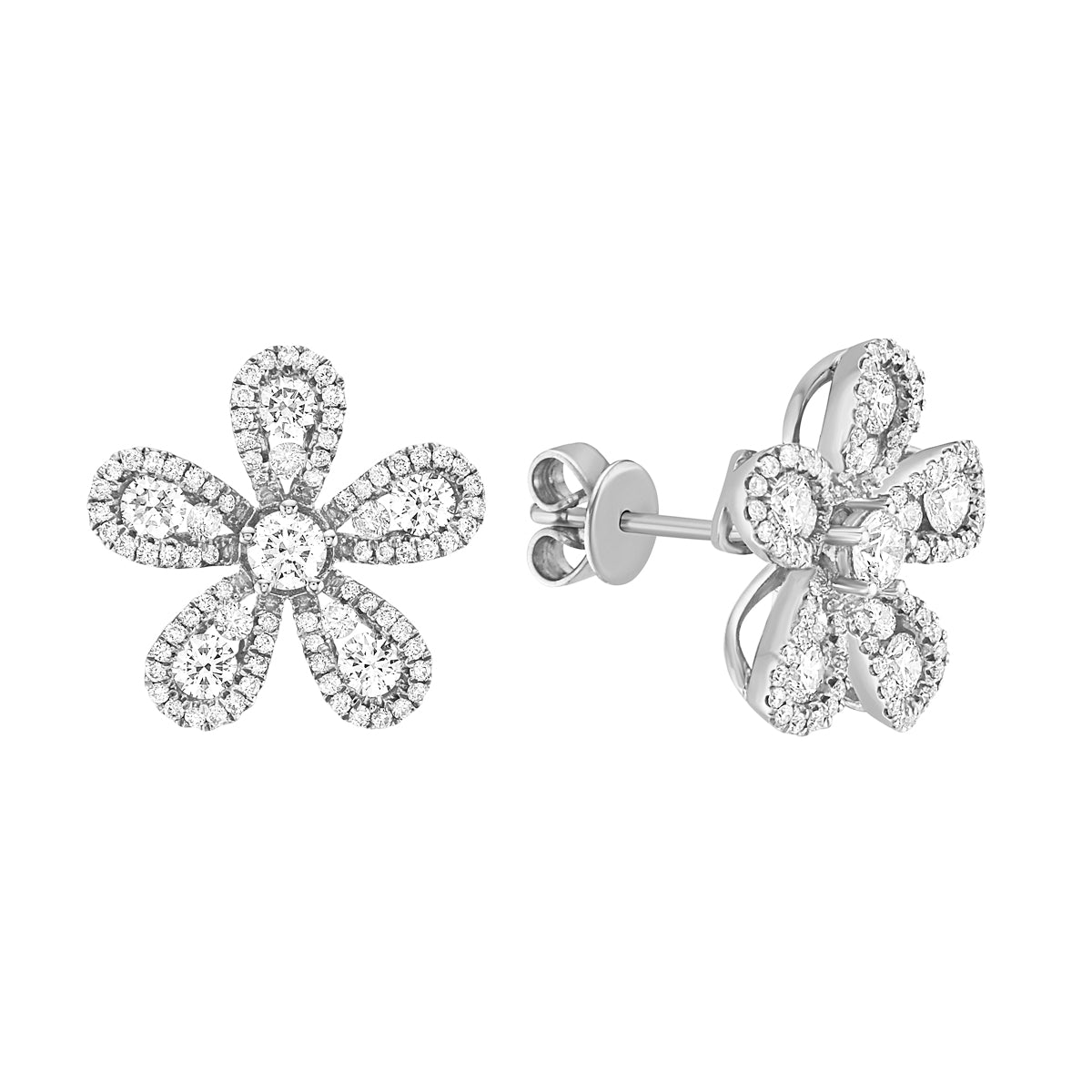 14K White Gold Five Petal Diamond Studs