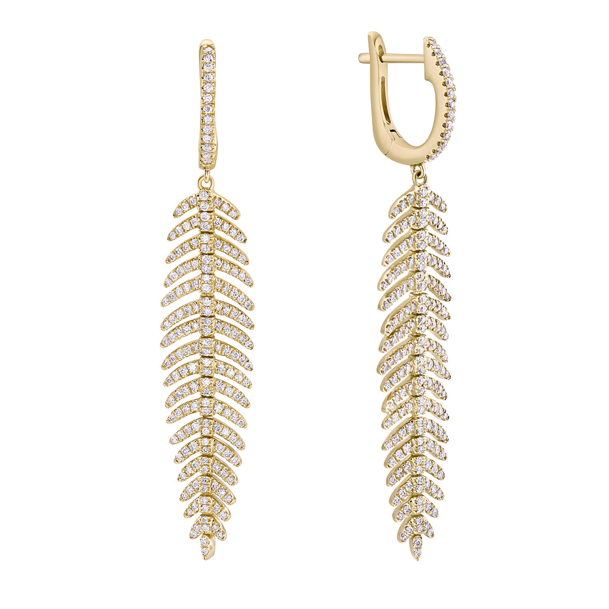 Yellow Gold Dangle Diamond Leaf Earrings