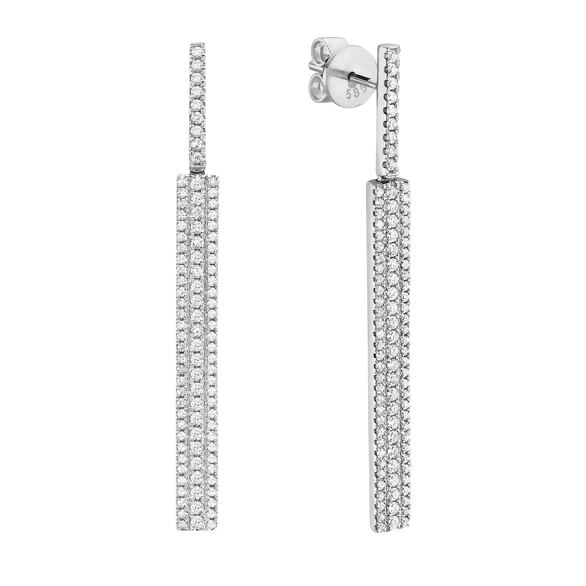 Three Row White Gold Dangle Diamond Earrings