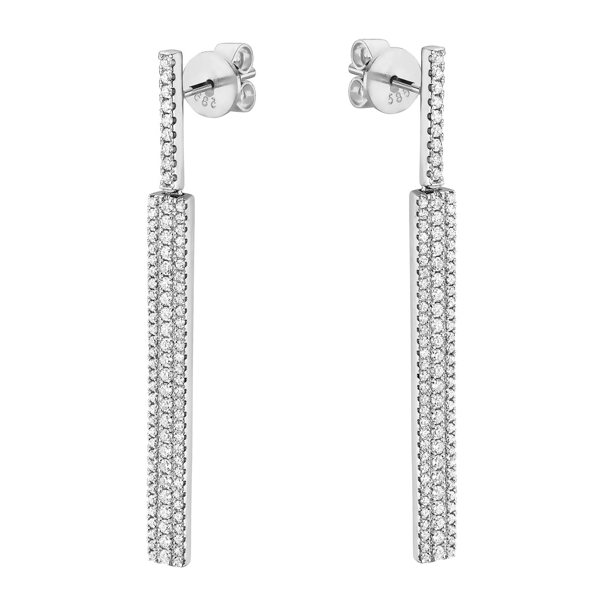 Three Row White Gold Dangle Diamond Earrings