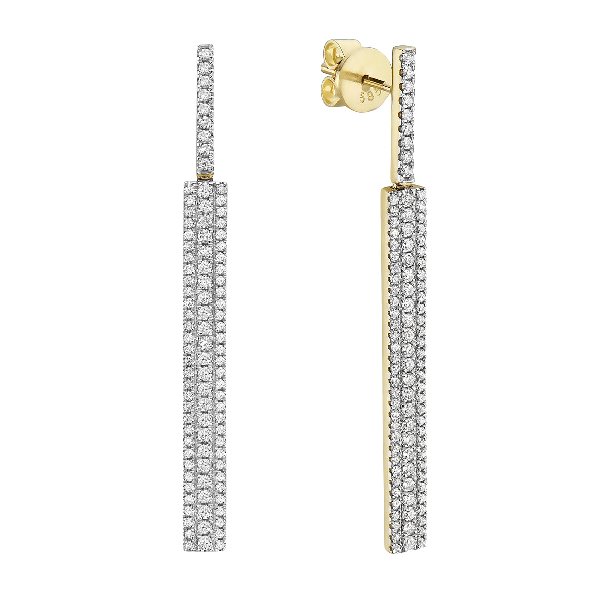 Three Row Yellow Gold Dangle Diamond Earrings