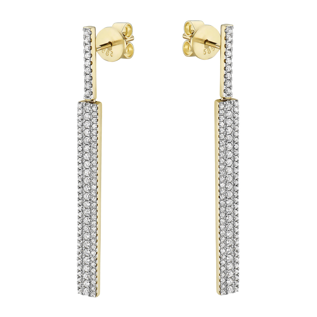 Three Row Yellow Gold Dangle Diamond Earrings