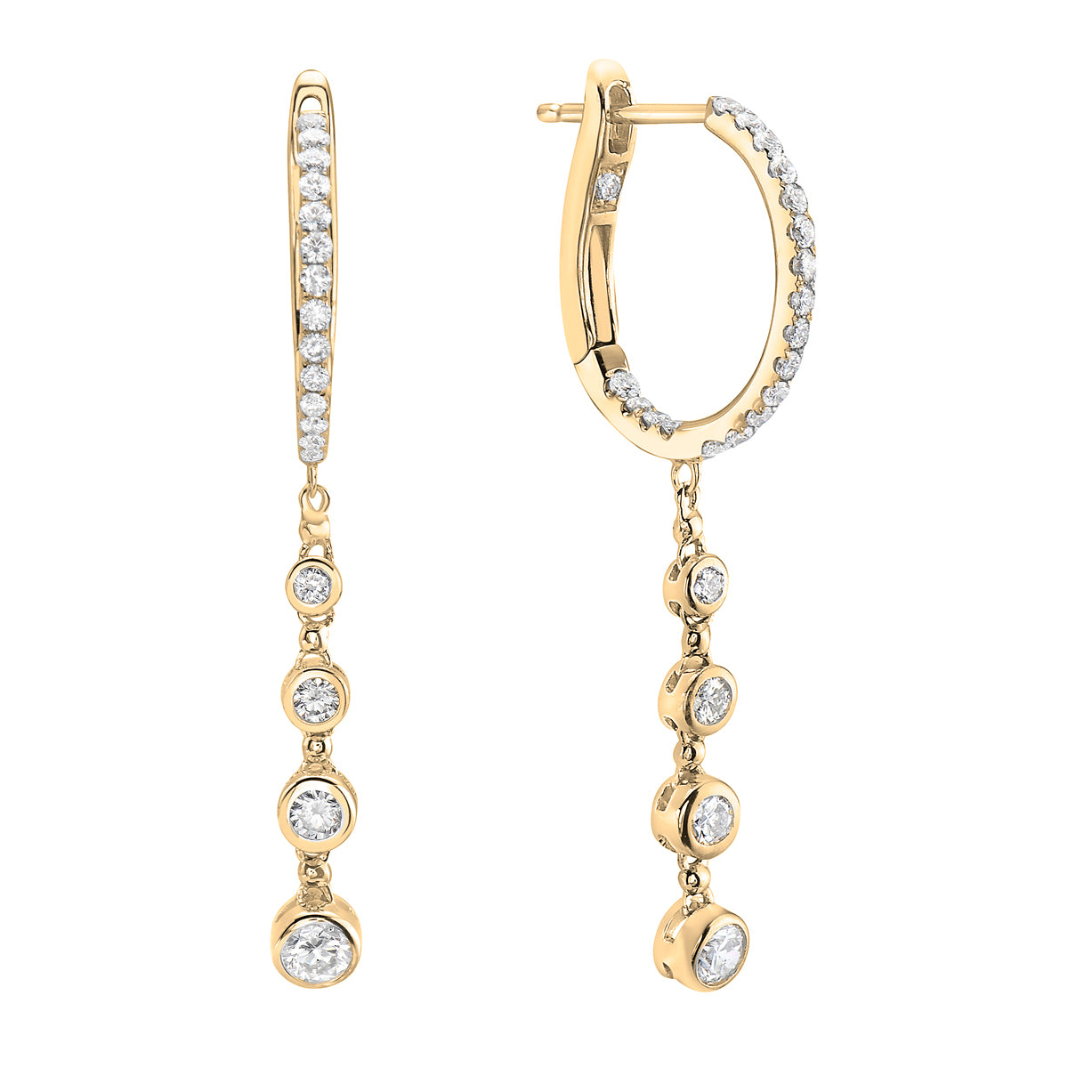 Yellow Gold Bezel Set Diamond Dangle Hoop Earrings