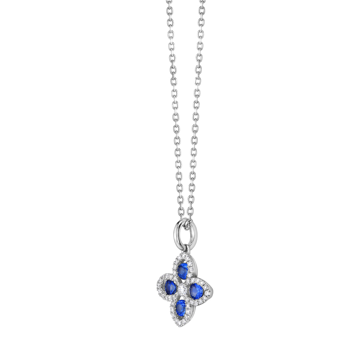 14K White Gold Sapphire and Diamond Open Flower Pendant