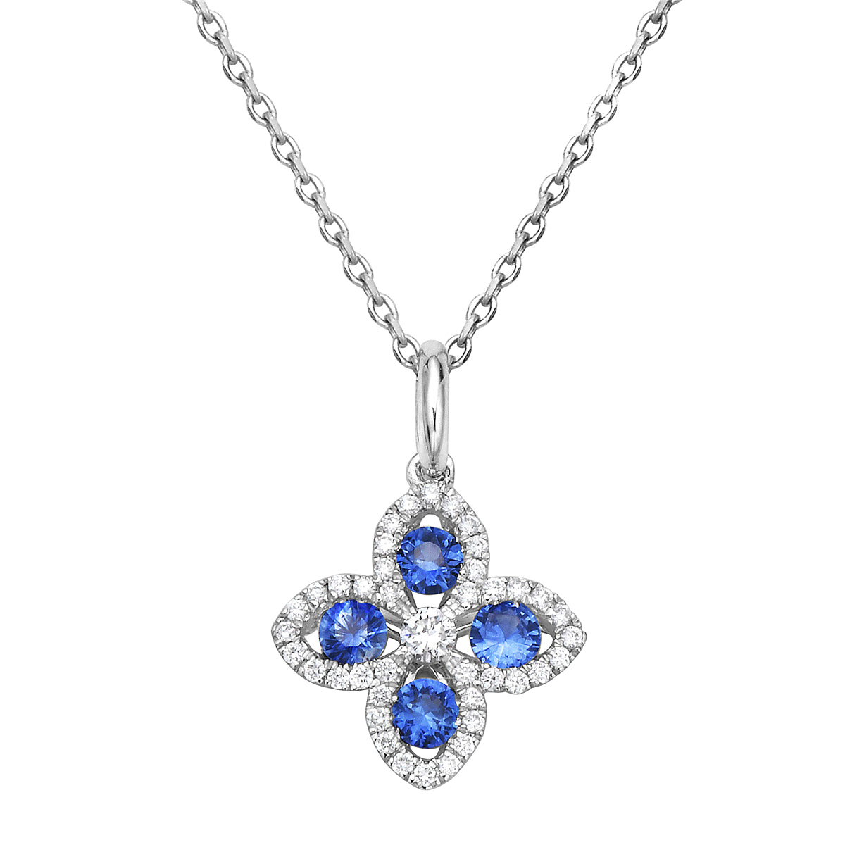 14K White Gold Sapphire and Diamond Open Flower Pendant