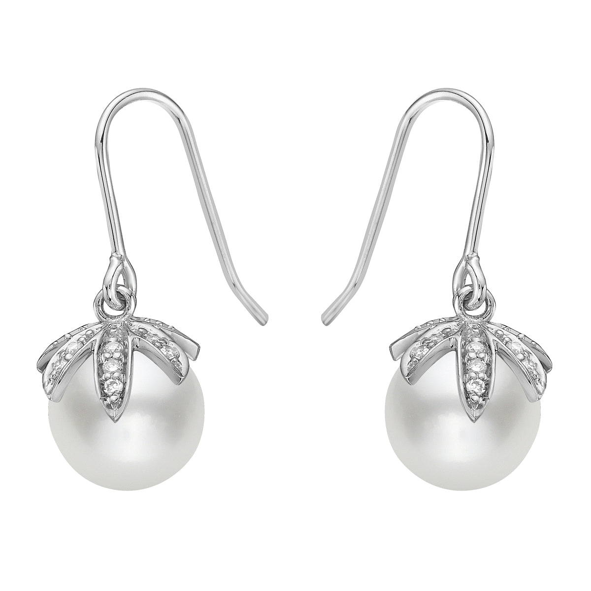 14K White Gold Freshwater Pearl Hook Earrings, 8-9mm 0.05CT