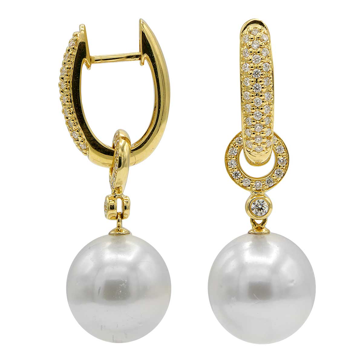 18KY White South Sea Pearl Earrings, 12-13mm