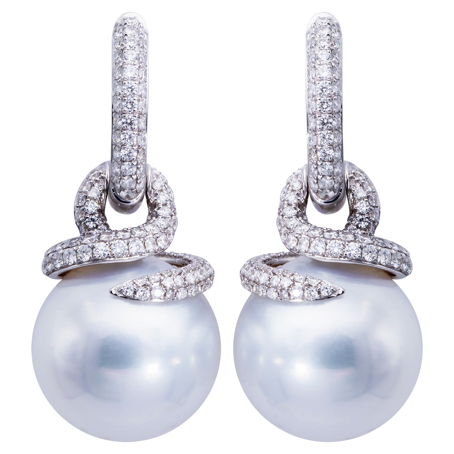 18KW White South Sea Pearl Earrings, 14-15mm