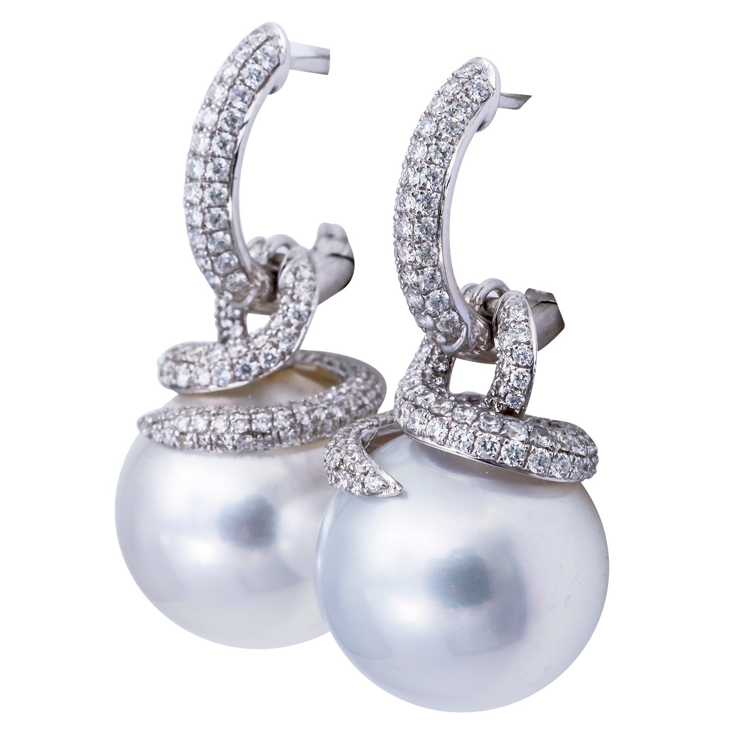 18KW White South Sea Pearl Earrings, 14-15mm