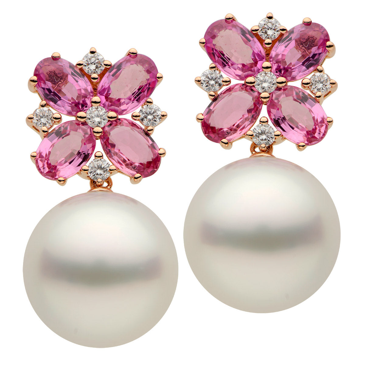 18KR White South Sea Pearl Earrings, 14-15mm