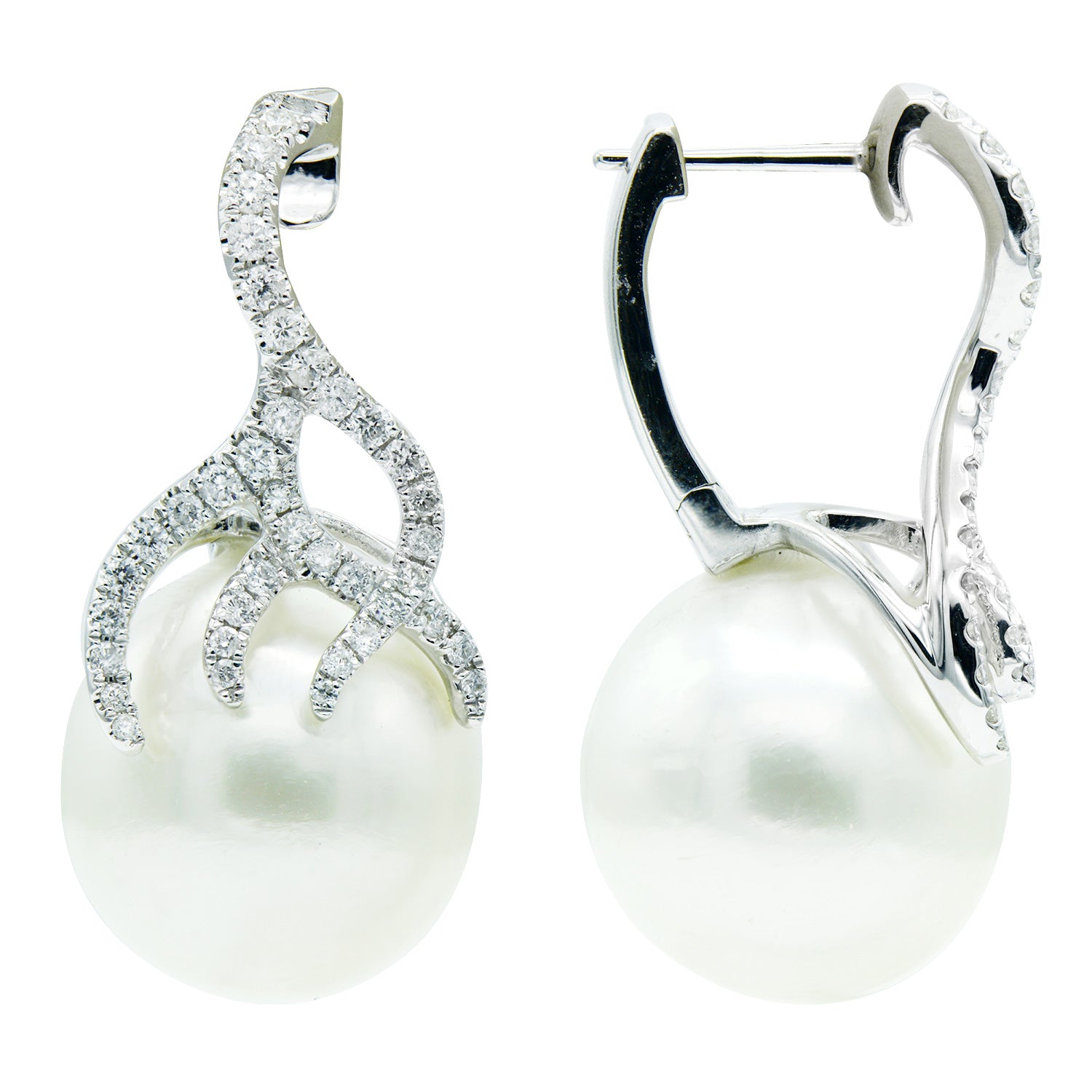 18KW White South Sea Pearl Earrings, 13-14mm