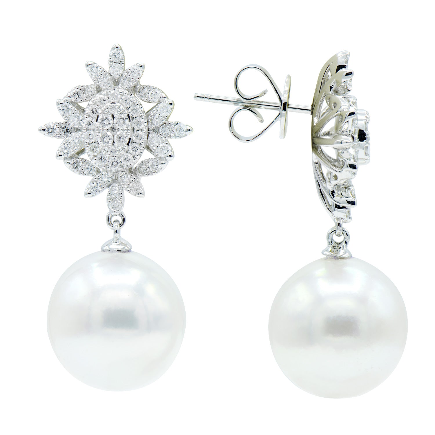 18KW White South Sea Pearl Earrings, 13-14mm