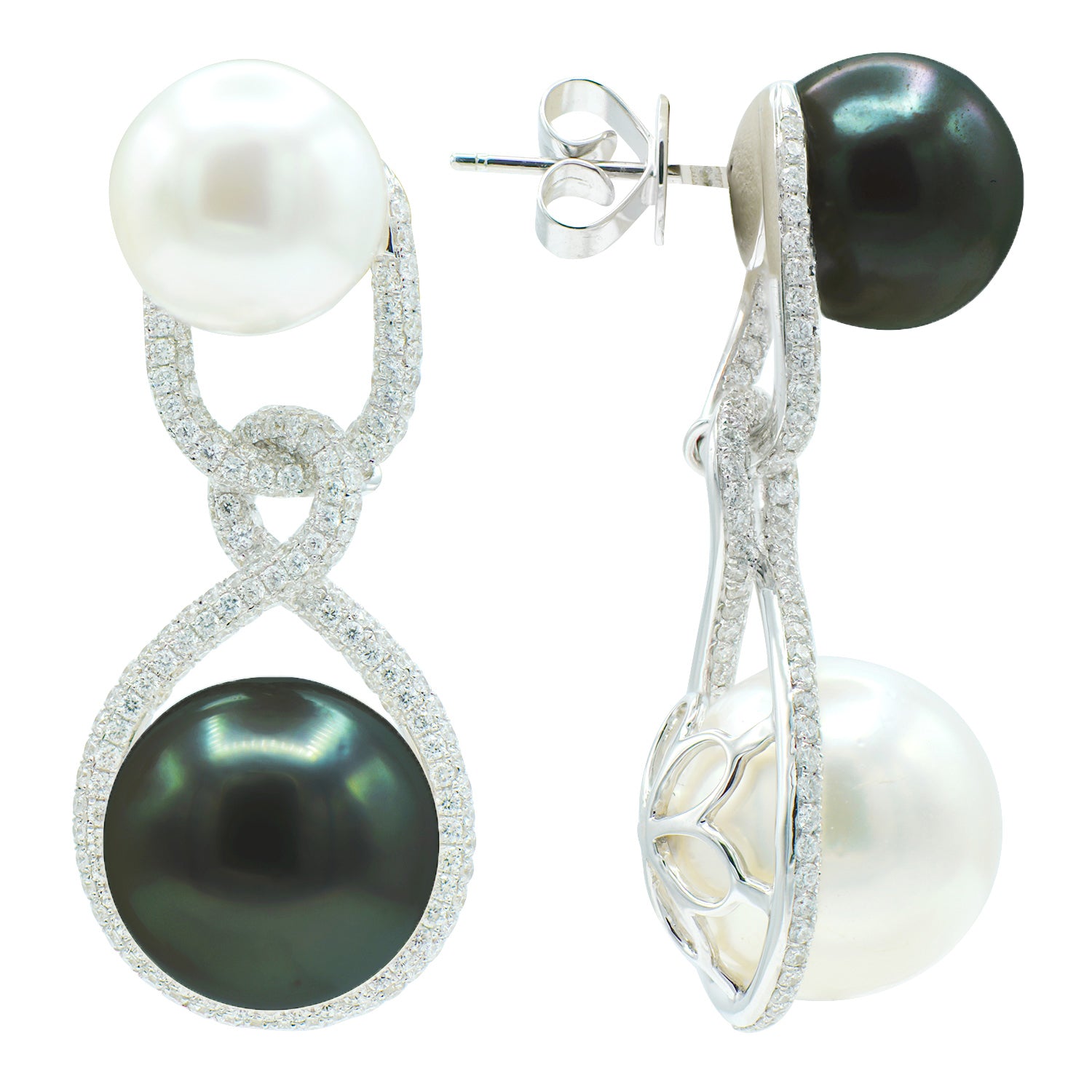 18KW White South Sea & Tahitian Pearl Earrings, 11-13mm