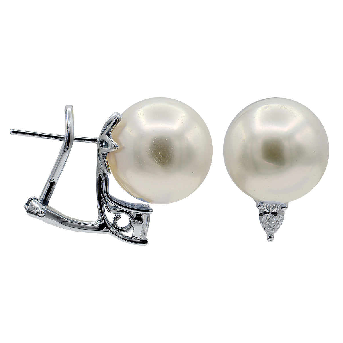 18KW White South Sea Pearl Earrings, 13-14mm