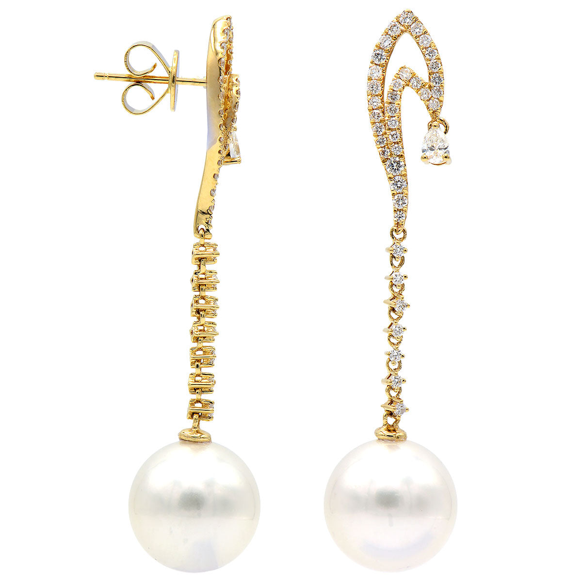 18KY White South Sea Pearl Earrings, 12-13mm