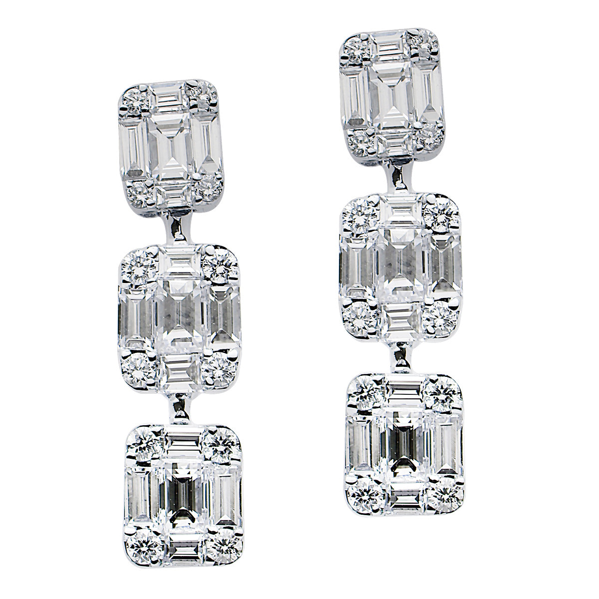 18KW Diamond Baguette Illusion Hanging Earrings