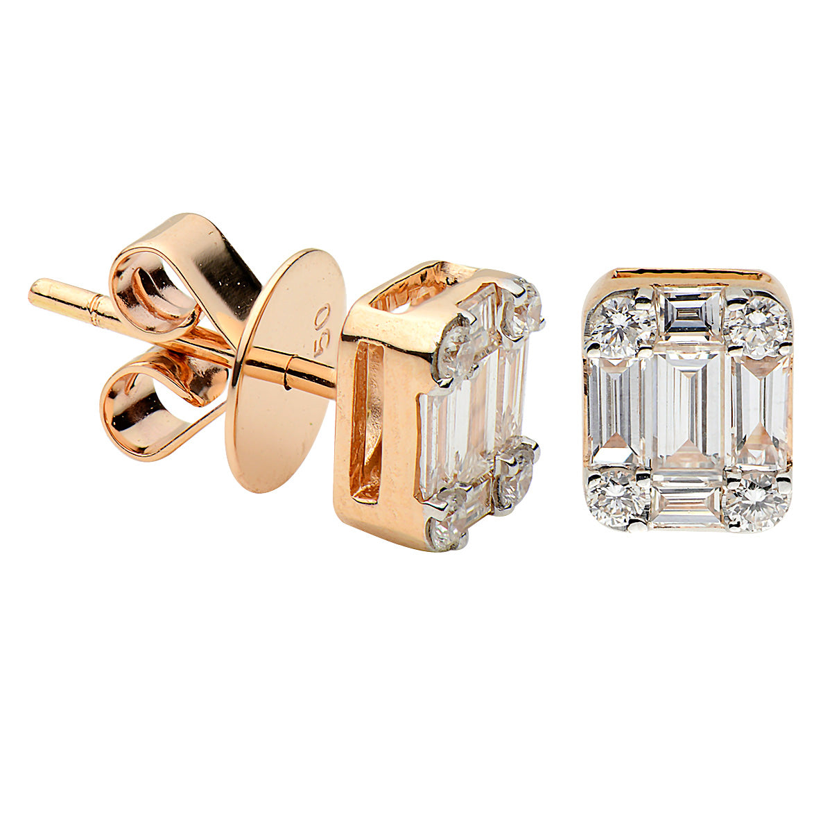 18KR Diamond Baguette Illusion Stud Earrings