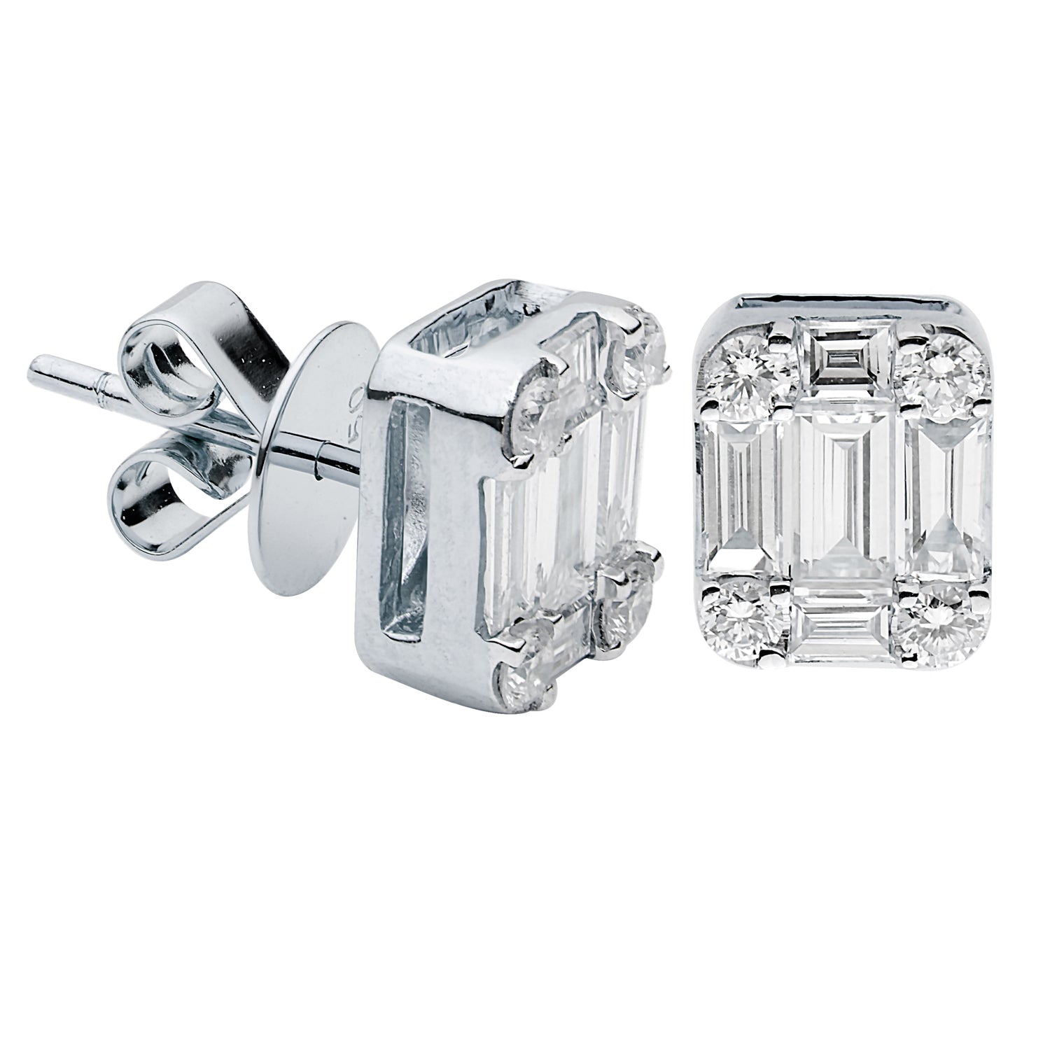 18KW Diamond Baguette Illusion Stud Earrings