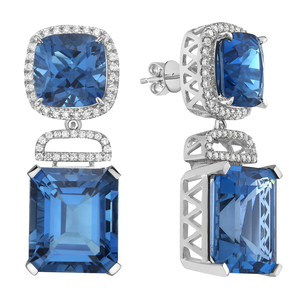 Earrings 14KW/9.9G 2LBT-25.34CT 2LBT-9.83CT 96RD-0.55CT London Blue Topaz