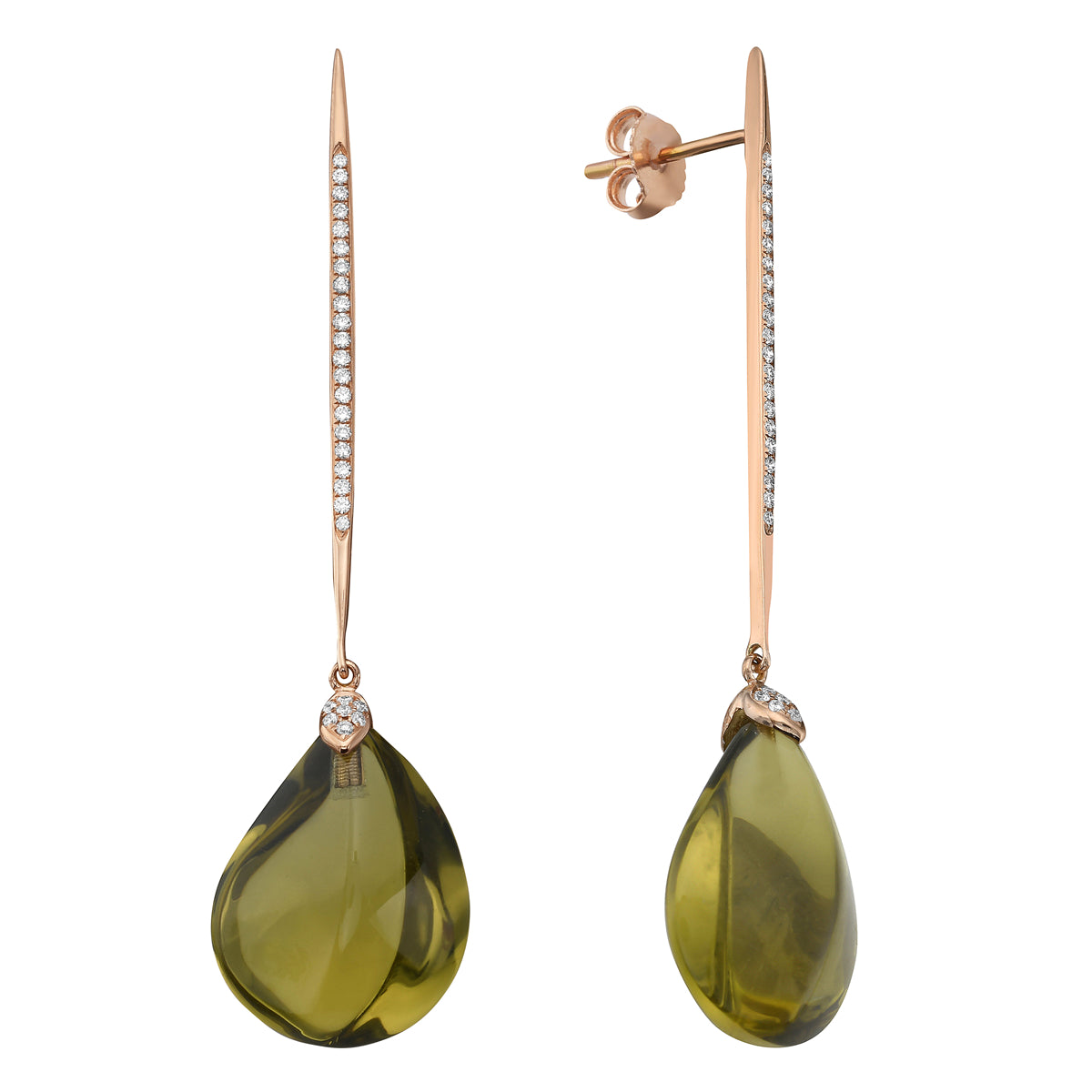 EARRING 18KR-2.30G  56D-0.17C 2O.Q-18.99CT OLIVE QUARTZ