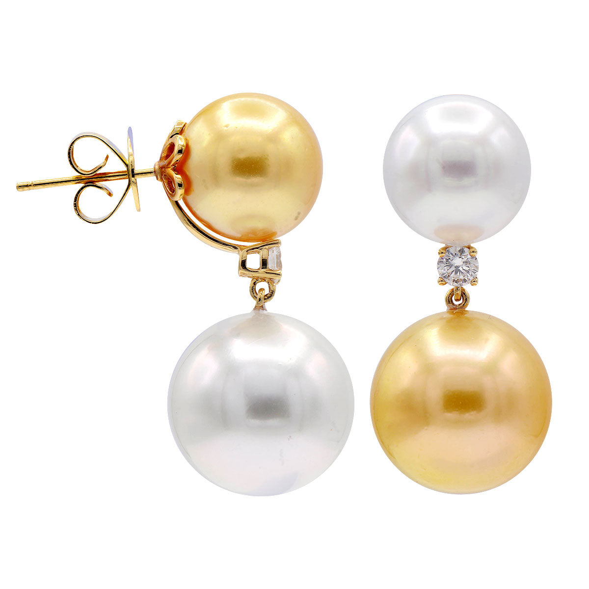 18KY White & Golden South Sea Pearl Earrings, 11-14mm