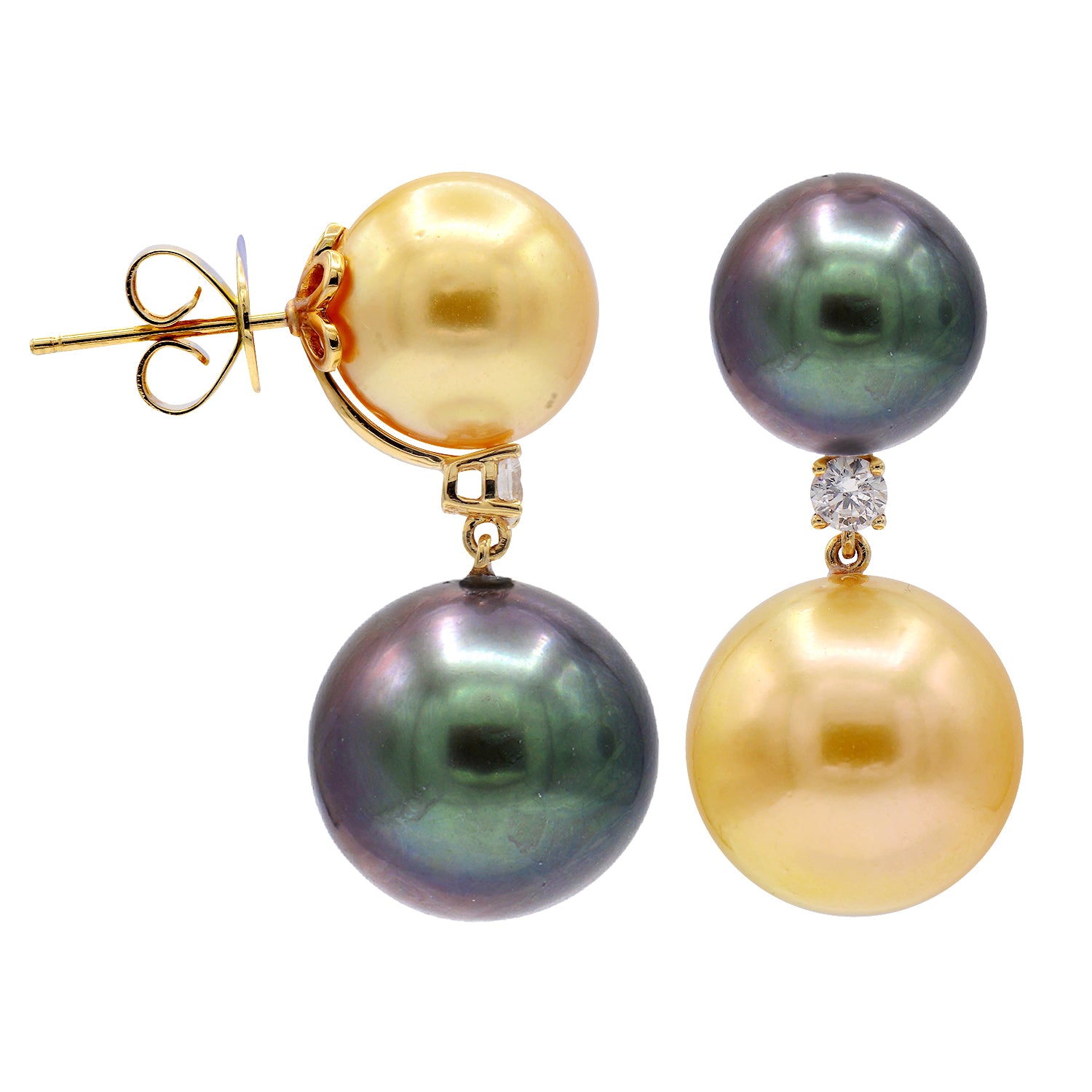 18KY Golden South Sea & Tahitian Pearl Earrings, 11-14mm