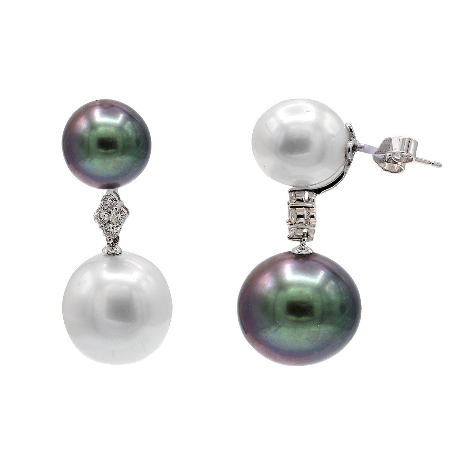 18KW White South Sea & Tahitian Pearl Earrings, 12-14mm