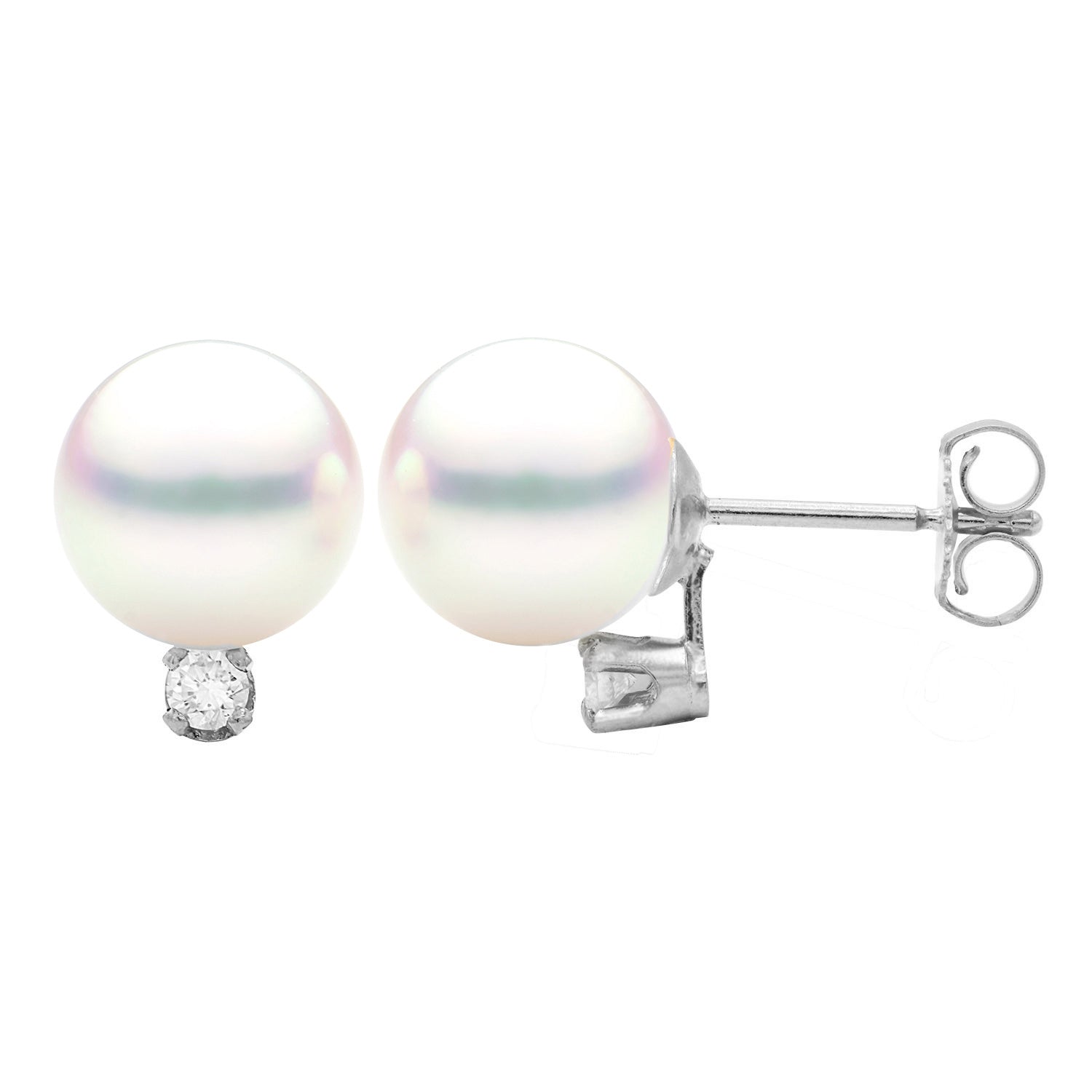 14K White Gold Cultured Akoya Pearl Diamond Stud, 7.5-8MM