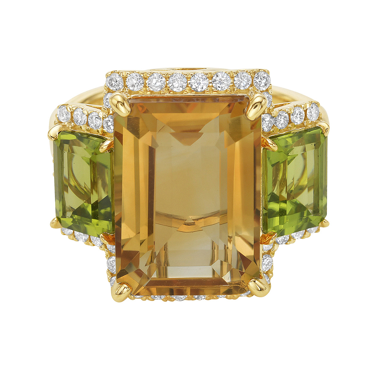 Ring 14KY/5.3G 2PER-2.42CT 1CIT-6.98CT 46RD-0.39CT Citrine/ Perdiot