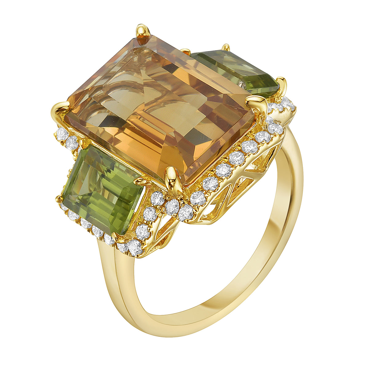 Ring 14KY/5.3G 2PER-2.42CT 1CIT-6.98CT 46RD-0.39CT Citrine/ Perdiot