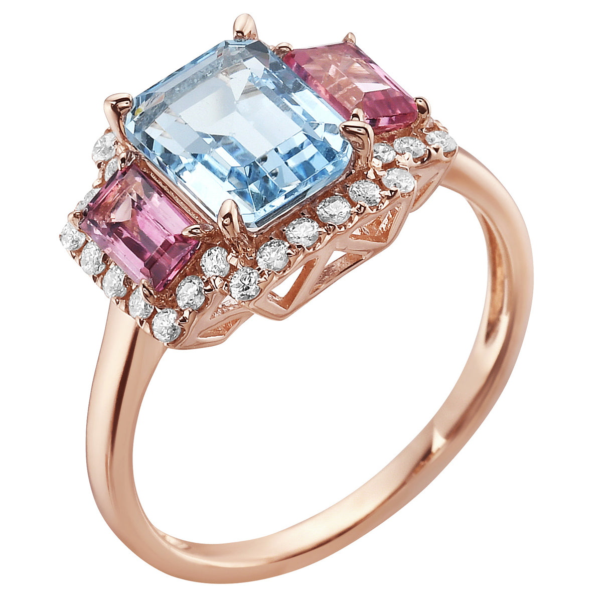 Ring 14KR/2.5G 2PT-0.60CT 1SBT-2.23CT 30RD-0.24CT Blue Topaz and Pink Tourmline