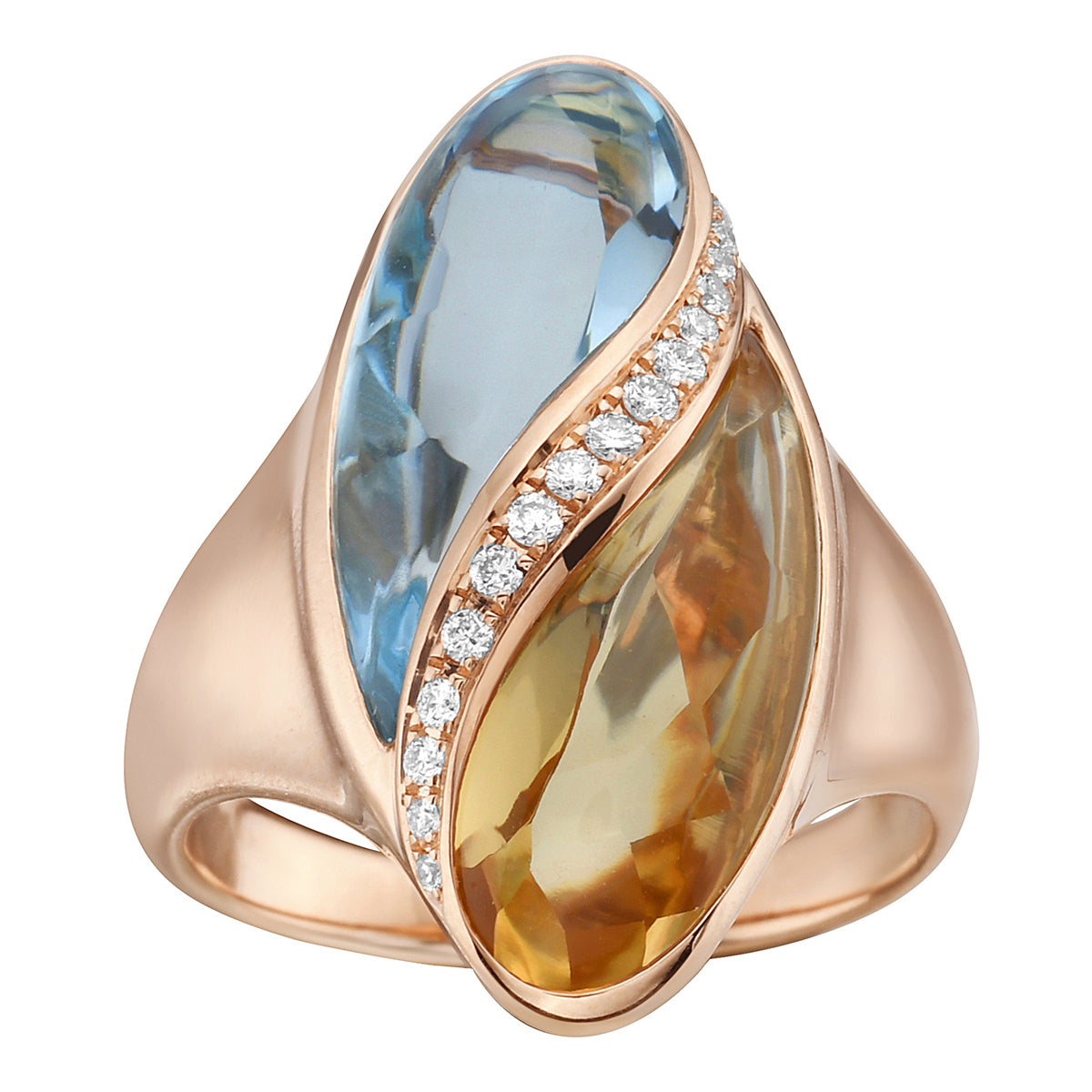 RING 18KR-6.58G 16D-0.10CT 1BT-4.54CT 1CIT-3.04CT BLUE TOPAZ AND CITRIN