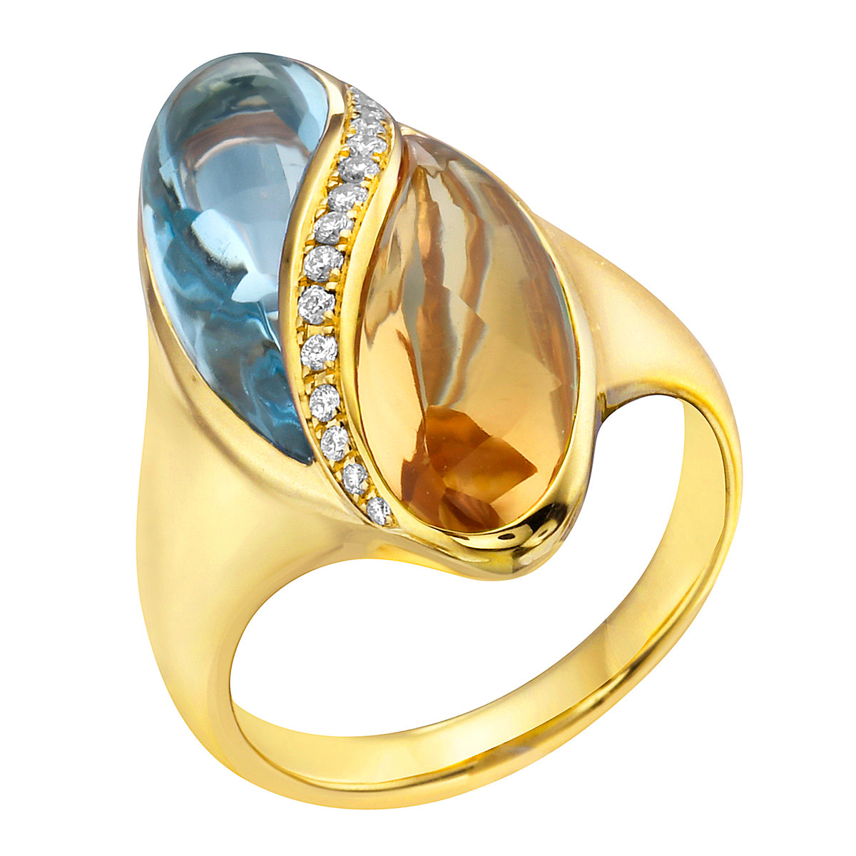 RING 18KY-7.90G 16D-0.10CT 1BT-4.54CT 1CIT-3.72CT BLUE TOPAZ AND CITRIN