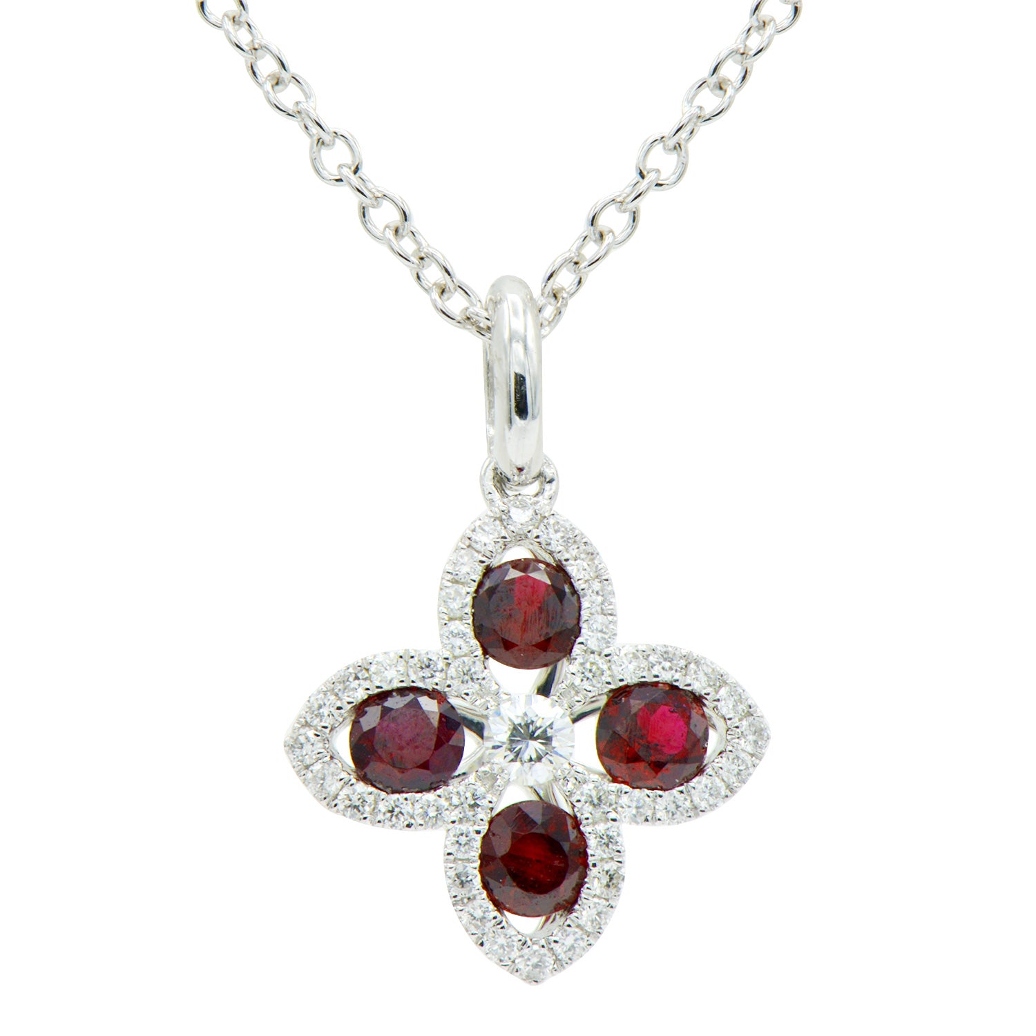 14K White Gold Ruby and Diamond Flower Pendant