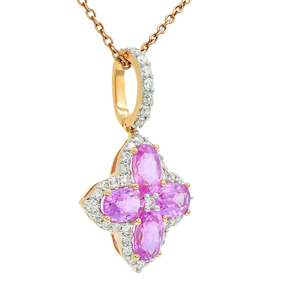 14K White Gold Diamond Clover and Pink Sapphire Pendant